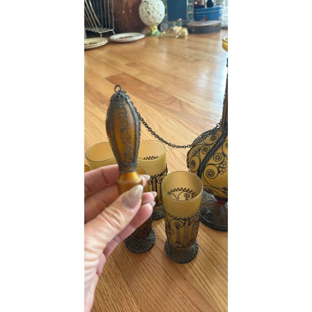 1973 Crete Amber & Green Glass/Metal Decanter Set, Floral Filigree, Stopper